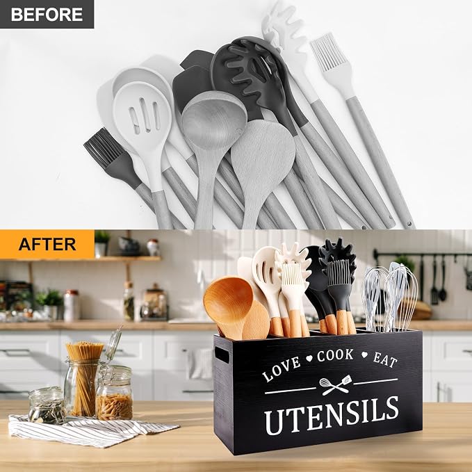 Black Farmhouse Utensil Holder for Kitchen Counter Extra Large Cooking Utensil - Image 7