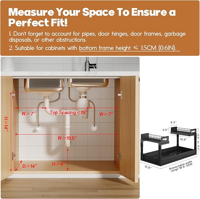 1 Pack-19"-32"W Expandable Under Sink Organizer - Image 2
