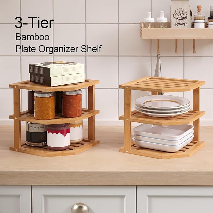 VERTORGAN 3 Tier Bamboo Corner Shelf, Dish Drying Rack, Plate Organizer - Image 4