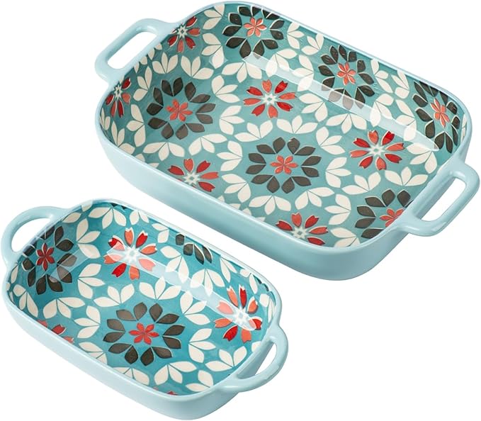 ONCCI Ceramic Baking Dish Set, 2-Piece Hand-painted Porcelain Rectangular by ONECCI