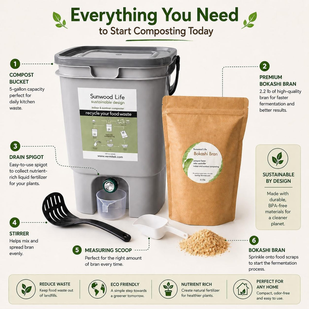 Bokashi Composting Kit, 5-Gallon Indoor Kitchen Composter - Gray, with