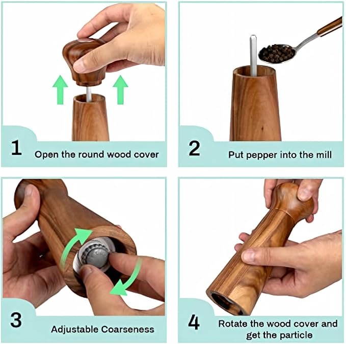 Wooden Pepper Grinder, Refillable Pepper Mill, Adjustable Pepper Shaker - Image 3