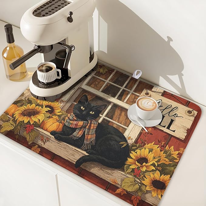 Fall Dish Drying Mat for Kitchen Counter Vintage Autumn Cat Sunflower Pumpkin - Image 7