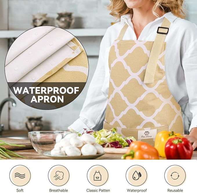 2 Pieces Aprons for Women with Pockets, Cotton Linen Waterproof Kitchen Cooking - Image 6