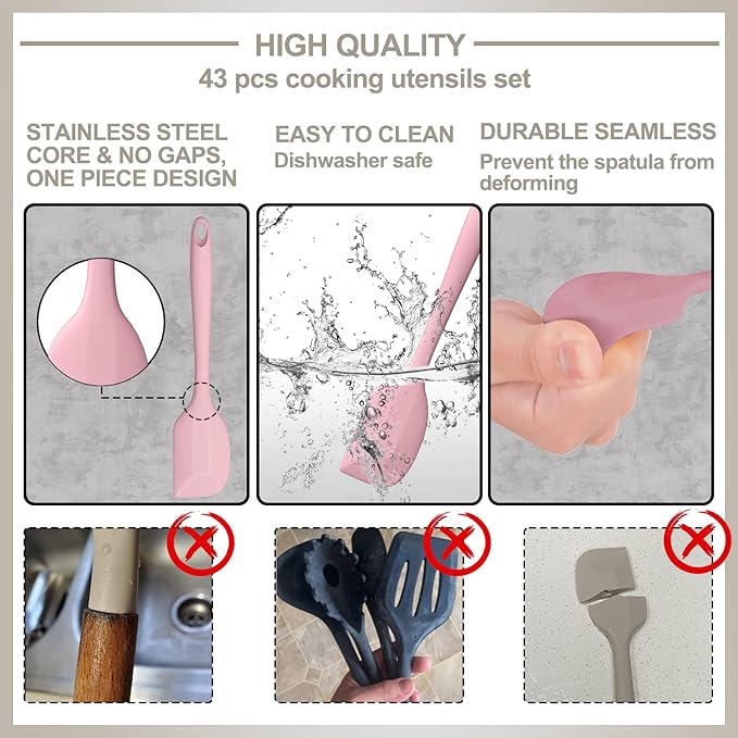 Silicone Cooking Kitchen Utensil Set, AIKKIL 43 Pcs Pink Cooking Utensils Set - Image 6