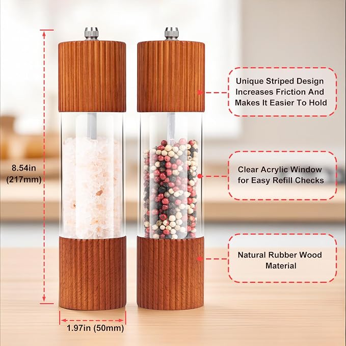 Acacia Wooden Salt and Pepper Grinder Set, 8 Inches Refillable Salt and Pepper - Image 3