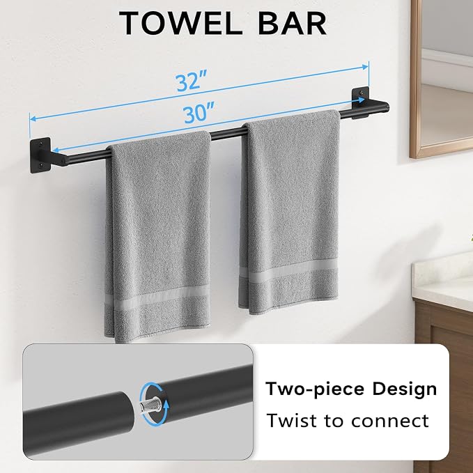 KLJKPA 4 Pieces Bathroom Hardware Set, 32 inch Towel Bar, Matte Black Bathroom - Image 2