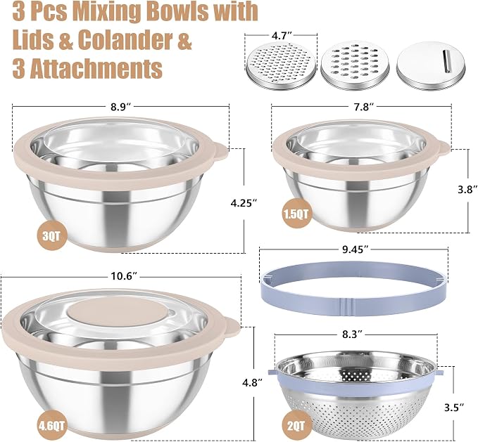TeamFar Mixing Bowls with Colander Set, Stainless Steel Strainer and Nesting - Image 2