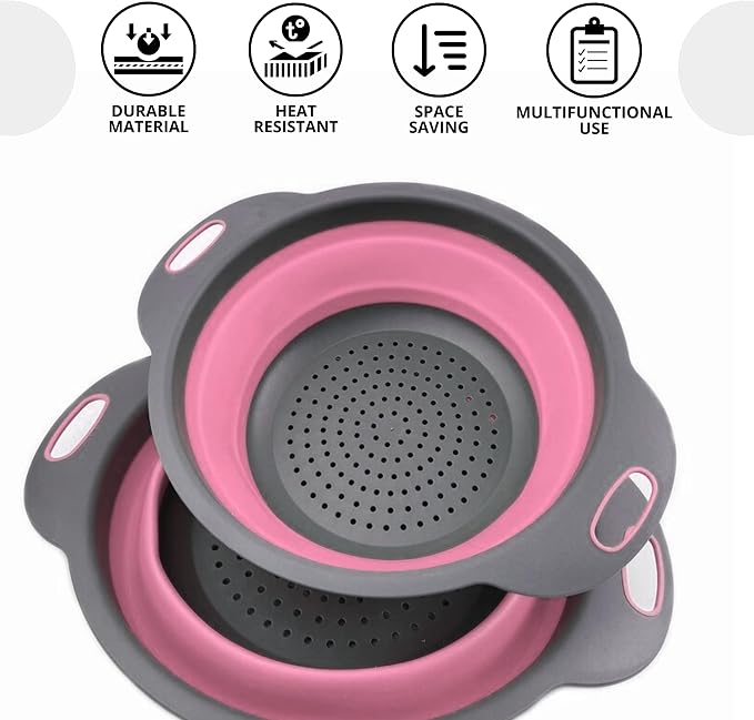 Pink Round Silicone Colander Collapsible – Foldable Kitchen Strainer Small - Image 4
