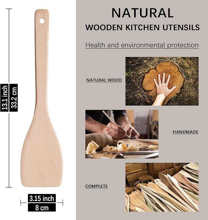 2PCS Wooden Spatulas for Cooking, 13inch Uncoated Beech Wood Turners for Frying - Image 3