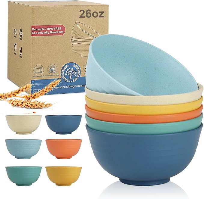 Wrova 26 oz Wheat Straw Bowls, Unbreakable Cereal Bowls Set of 6, Microwave & by WROVA