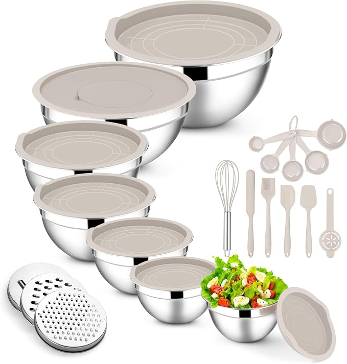 E-far Mixing Bowls with Lids Set, Size 7, Nesting Design & Khaki Airtight Lid by E-far