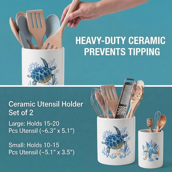 Bokon 2 Pack Ceramic Utensil Holder 6.3" + 5.1" Ocean Theme Coastal Kitchen - Image 3