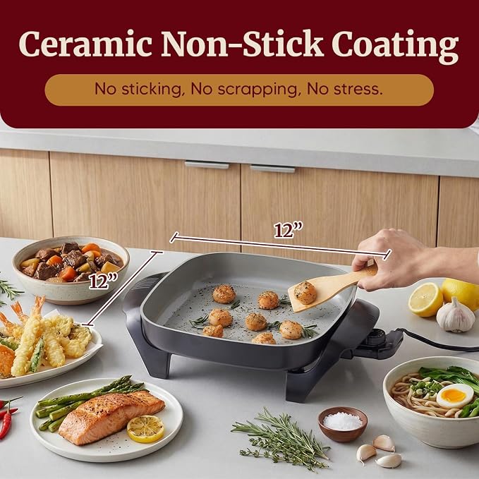 Elite Gourmet 12"x12"x2.15” Ceralast™ PFAS Free Ceramic Electric Skillet - Image 6