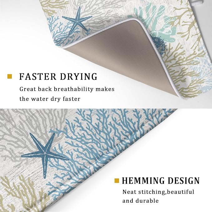 Blue Coral Dish Drying Mat Coastal Starfish Dishes Pad Hanging Drainer Mats - Image 3