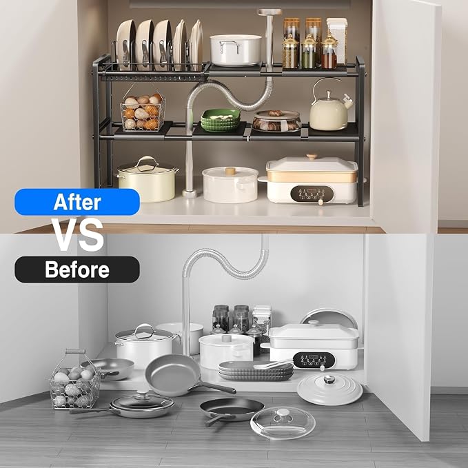 Mustorn Pots and Pans Organizer Under Cabinet, Expandable 2 Tier Under Sink - Image 3