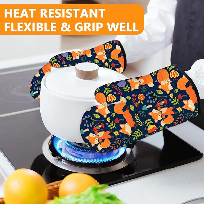 Cute Fox Oven Mitts and Pot Holders Sets 4Pcs, Extra Long Oven Gloves Potholder - Image 6