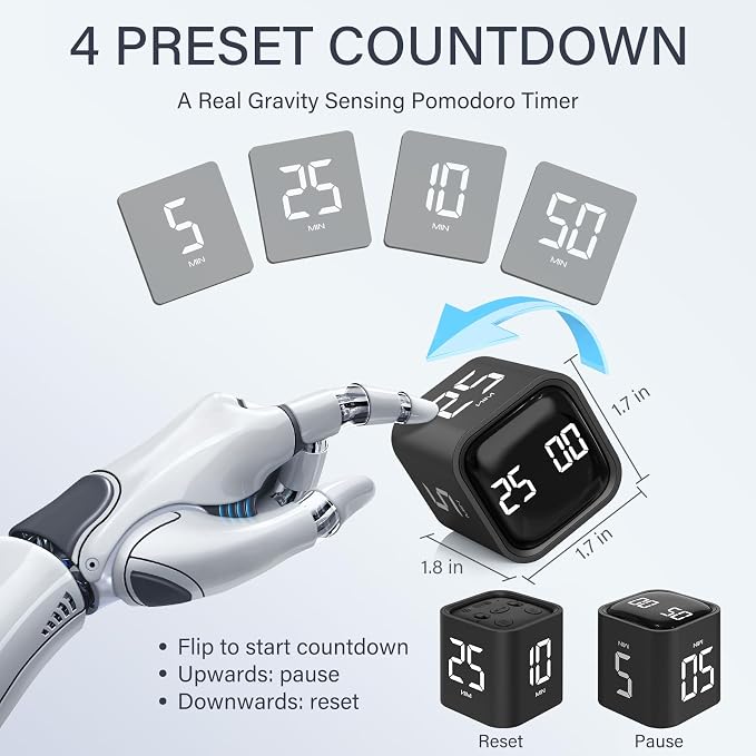 Rotating Pomodoro Timer 5, 10 50 Minutes Preset, Desk Productivity Timer w/Gra - Image 2