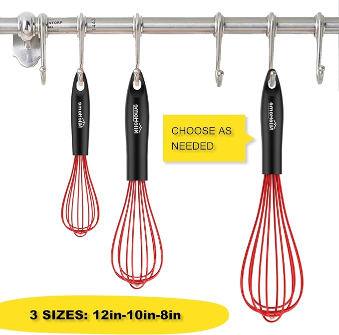 NileHome Silicone Whisk Set 8" 10" 12", 3 Pack Kitchen Whisk Kitchen Wisk Wire - Image 2