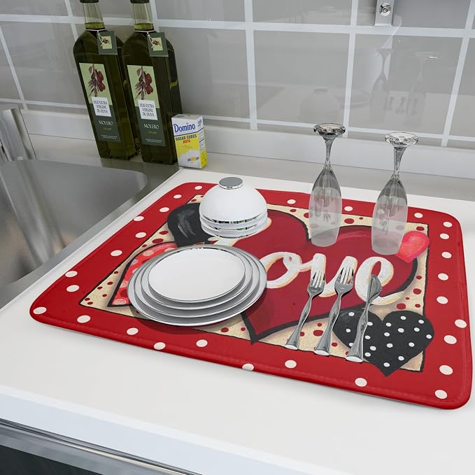 Love Heart Dish Drying Mat 18"x24" Red Dots Microfiber Dish Rack Mat Holiday - Image 6