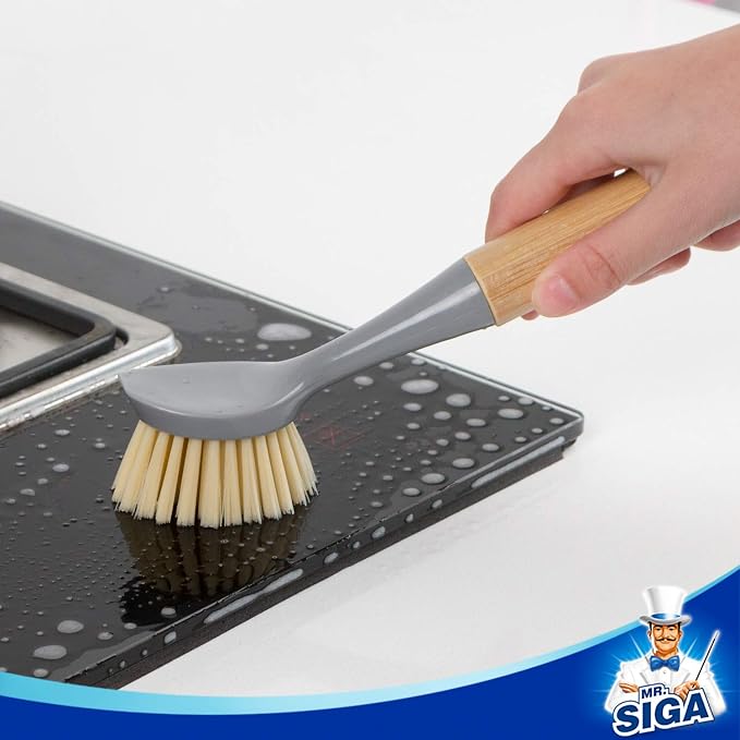 MR.SIGA Dish Brush with Bamboo Handle Built-in Scraper, Scrub Brush - Image 5