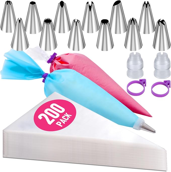 200Pcs Piping Bags and Tips Set, 12 Inch Pastry Bags, Cakes Decorating Kit by Wddeevoi