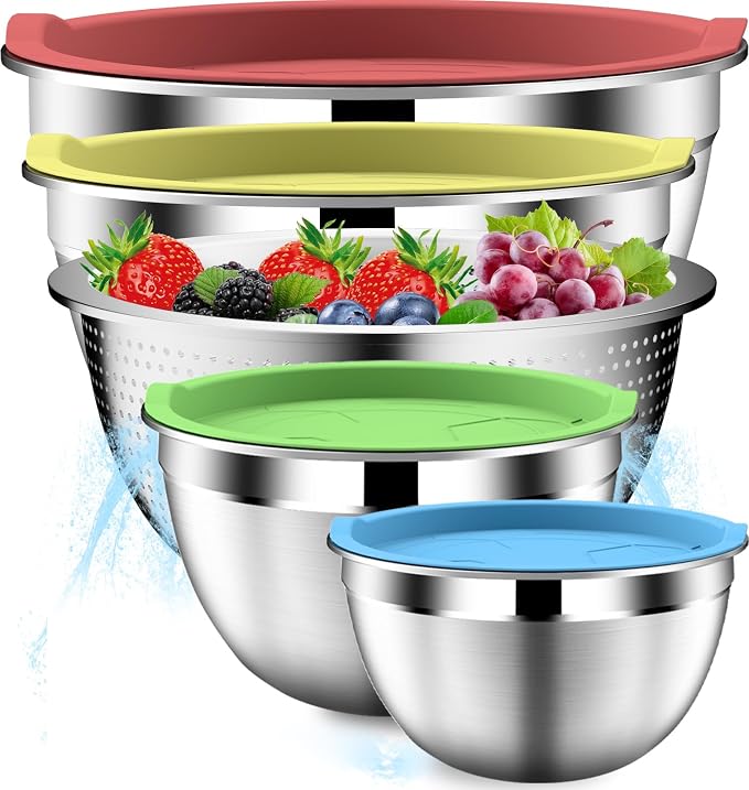 DUTZUN Mixing Bowls with Strainer, Mixing Bowl with Lids Set, Stainless Steel by DUTZUN