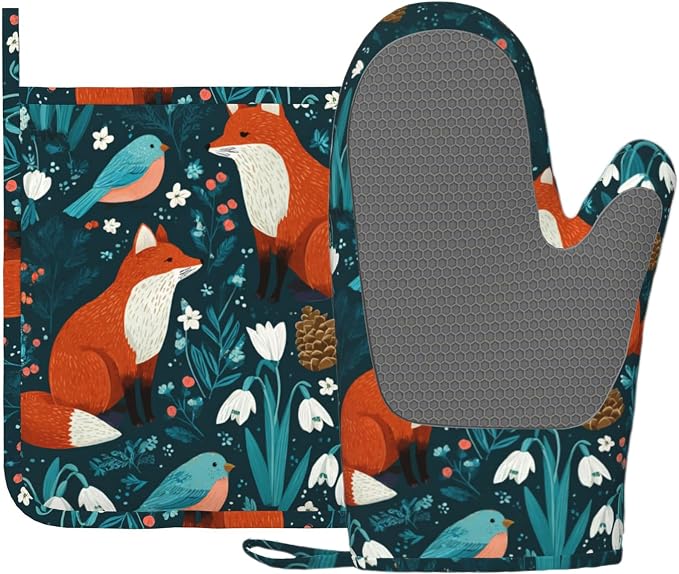 Forest Fox Animal Oven Mitts and Pot Holders Sets Green Floral Silicone Kitchen by Unknown