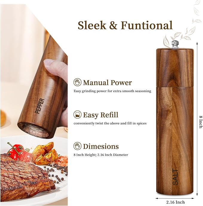 XWXO 2 Pack Acacia Wooden Salt and Pepper Grinder Set 8 Inches Refillable Salt - Image 2
