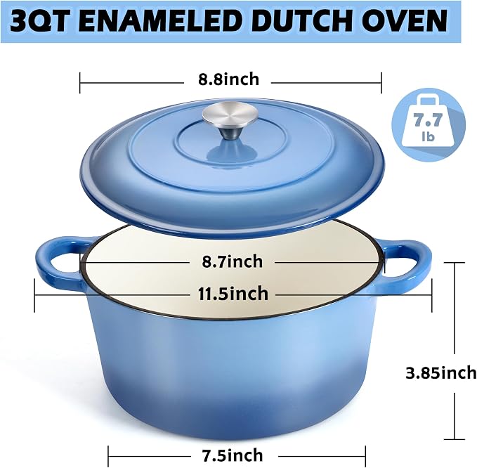 TeamFar 3qt Dutch Oven, Small Enameled Cast Iron Dutch Oven Pot - Image 2