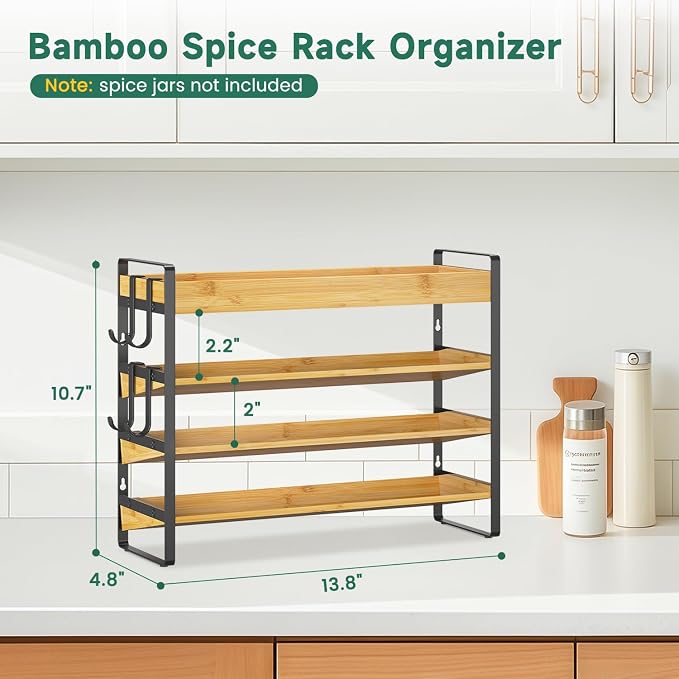 EsLuker.ly Spice Seasoning Rack Organizer Kitchen Countertop, 4 Tier Bamboo - Image 2