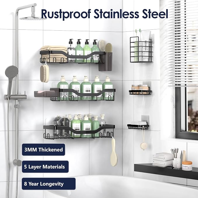 NESOMI Shower Caddy Adhesive Shower Organizer 8-Pack, Rustproof Stainless Steel - Image 5
