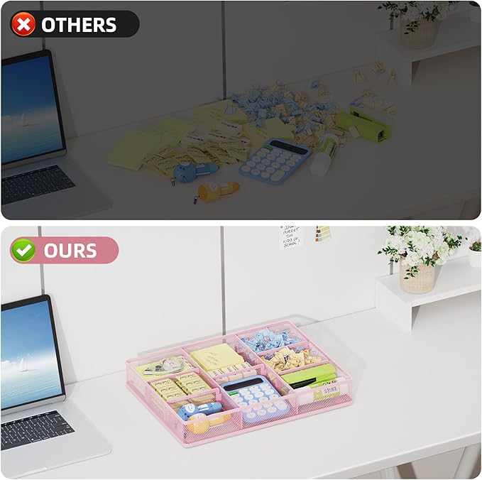 Marbrasse 2P Pink Desk Drawer Organizer, Metal Mesh Drawer Organizer Tray - Image 6