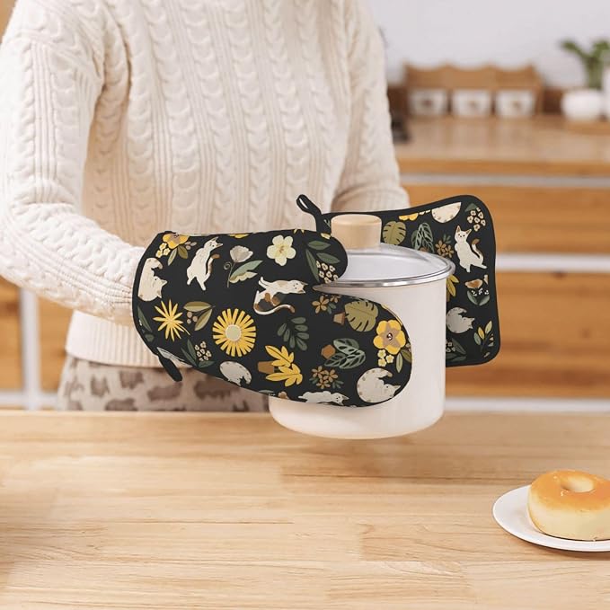 Cute Cats Flowers Garden Silicone Oven Mitts Pan Mats Set of 2, Heat Resistant - Image 7