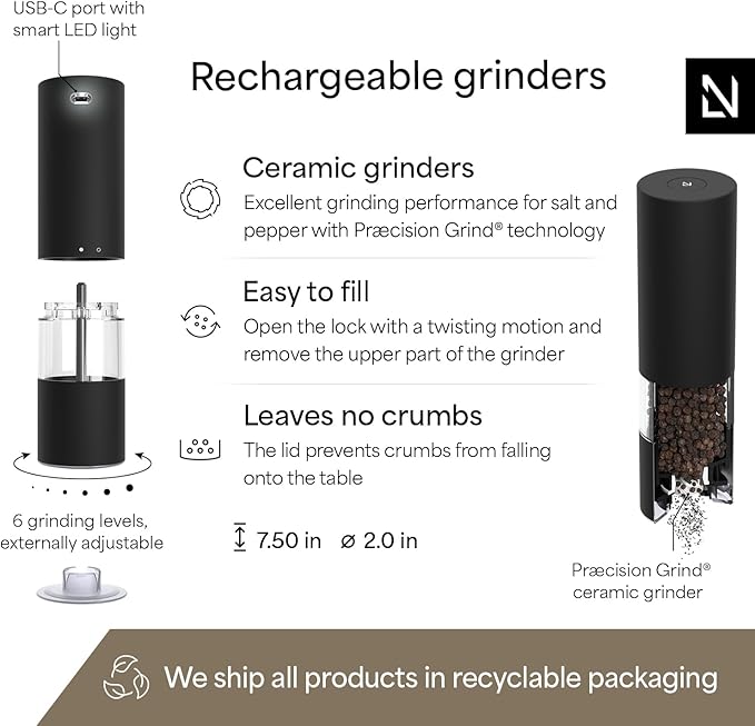 LARS NYSØM Electric Salt and Pepper Grinder Set I Automatic Salt and Pepper - Image 4