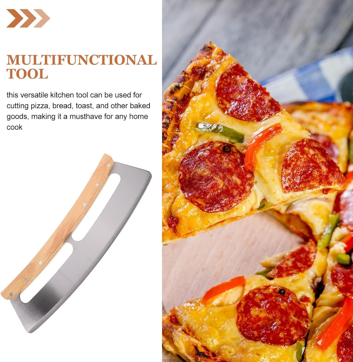 Pizza Rocker Cutter with Stainless Steel Semicircular Blade Wooden