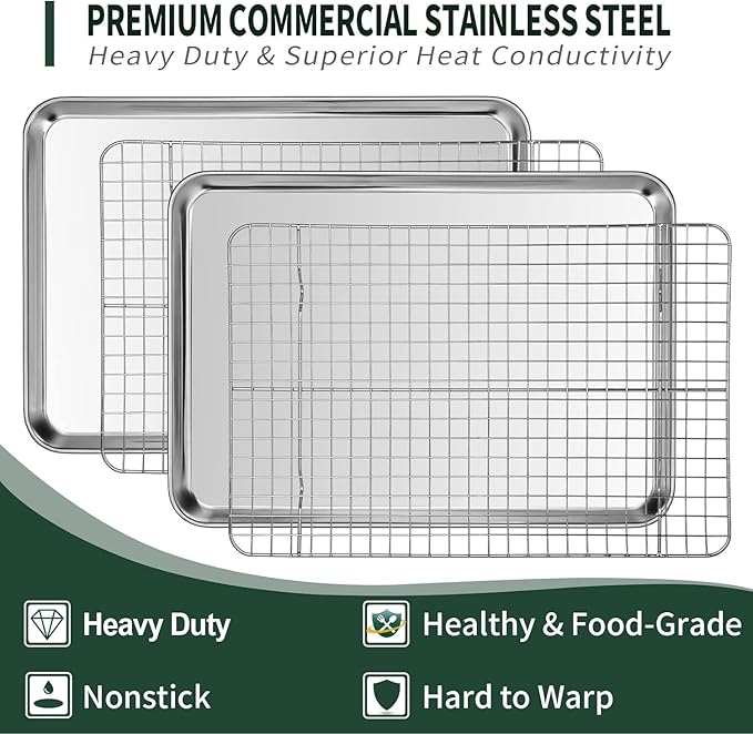 Half Sheet Pans with Rack Set, CEKEE Stainless Half Size Large Baking Sheets - Image 3