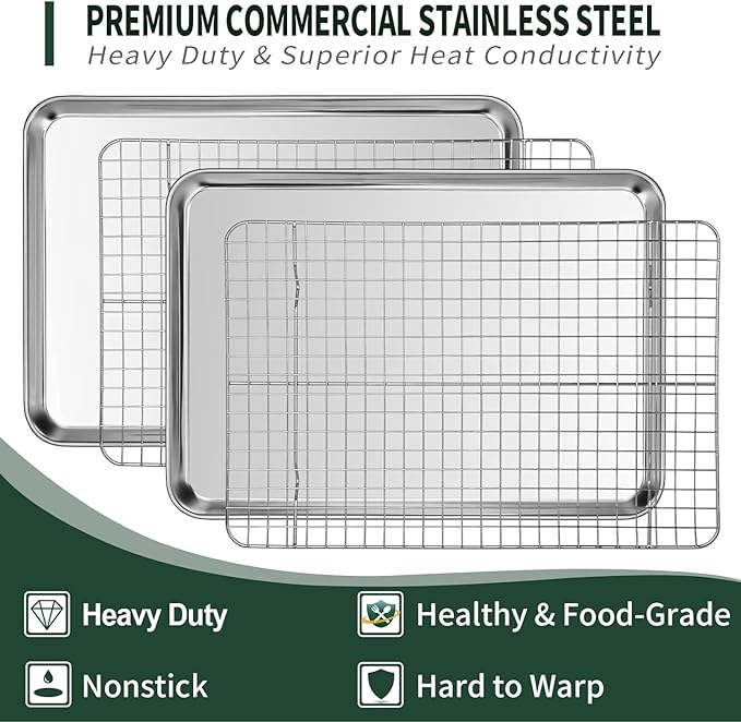Quarter Sheet Pan with Cooling Rack Set, CEKEE Stainless Steel Cookie Sheets - Image 3