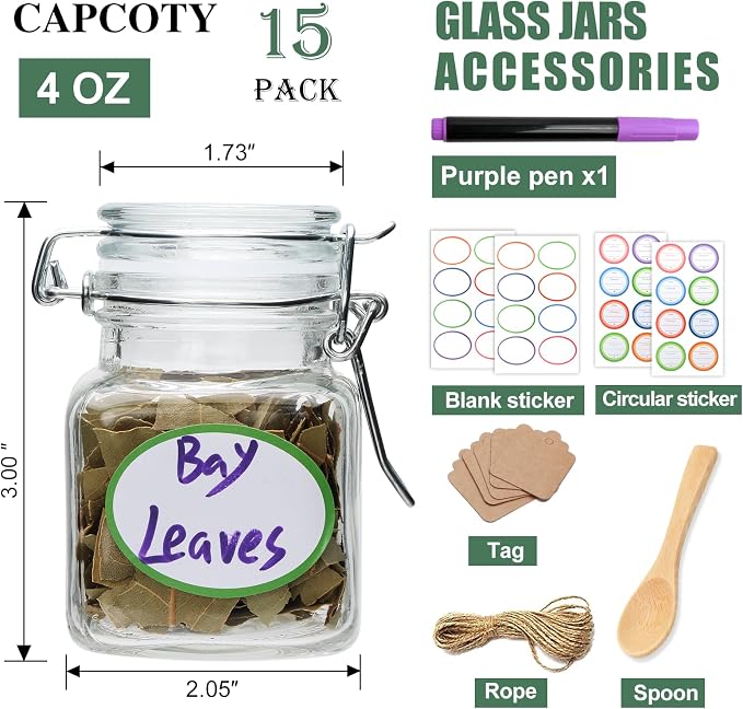 Small Glass Jars with Lids, 4 oz Spice Jars with Labels, 15 Pack Small Glass - Image 2