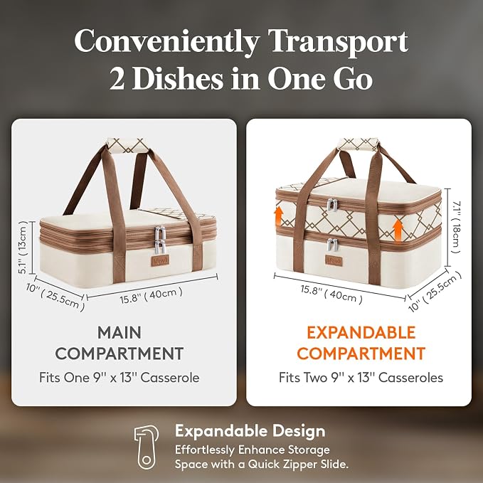 Lifewit Insulated Double Decker Casserole Carrier, Expandable Lasagna Lugger - Image 2