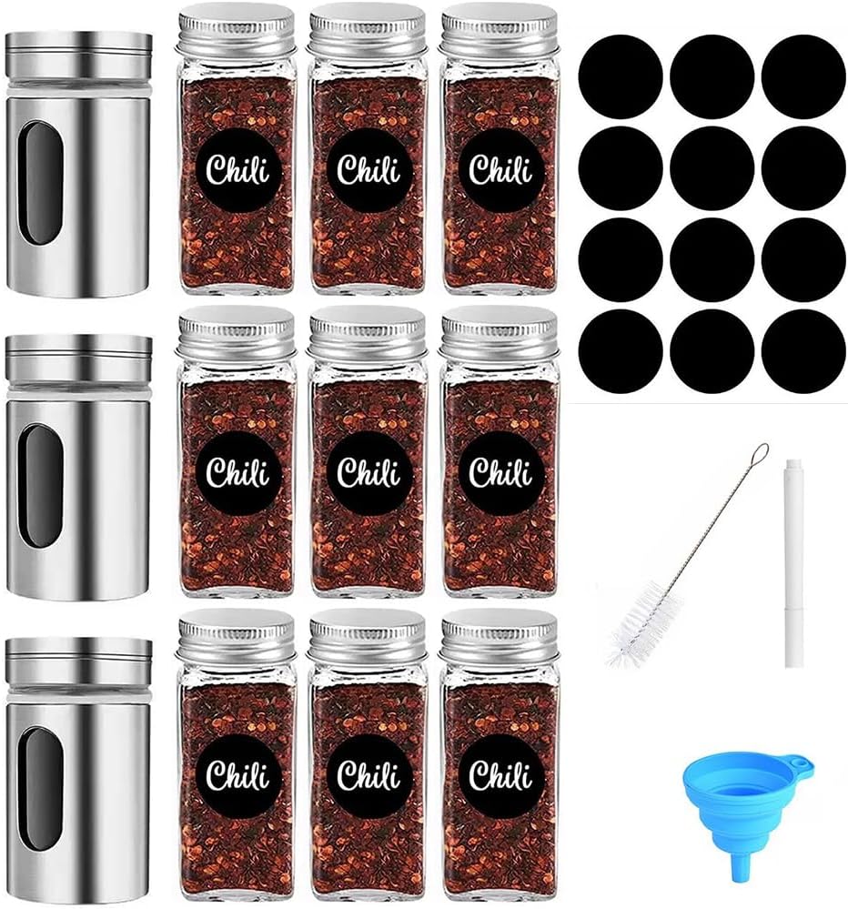 12 Pack Glass Spice Jars with Label, Empty Spice Bottles with Metal