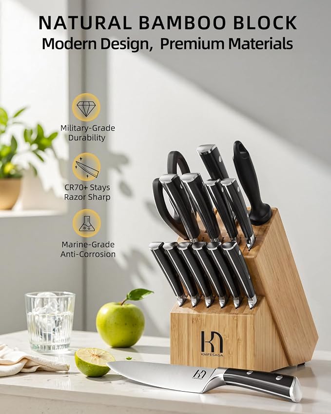 KnifeSaga Knife Set 15 Pcs Kitchen Knife Block Set, Enduring Razor-Sharp High - Image 5