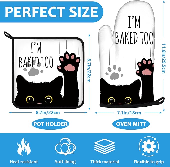 Funny Black Cat Oven Mitts and Pot Holders Sets Heat Resistant 4Pcs Potholders - Image 2