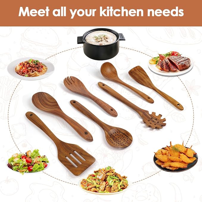 comfoyar Wooden Kitchen Cooking Utenails Set, 7 Pieces Natural Teak Wooden - Image 4