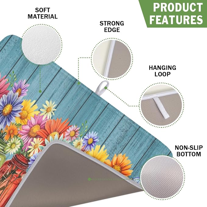 Vintage Floral Dish Drying Mat for Kitchen Counter Rustic Flower Vases Wooden - Image 3