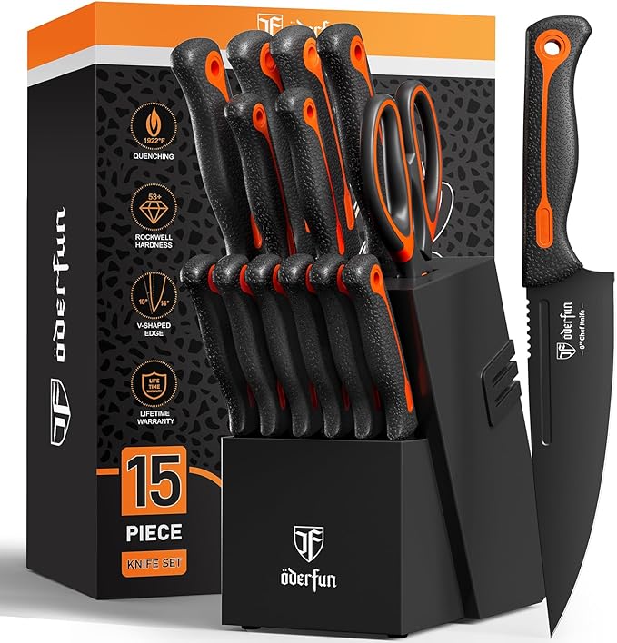 Knife Block Set -15 PCS Dishwasher Safe Kitchen Knife Set, High Carbon by ODERFUN