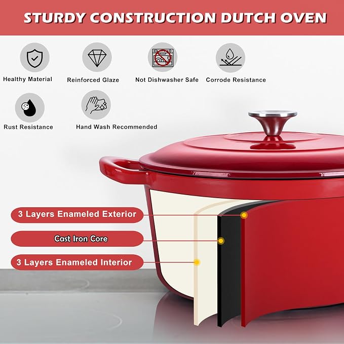 TeamFar Enameled Cast Iron Dutch Oven, 6 Quart Pot - Image 4