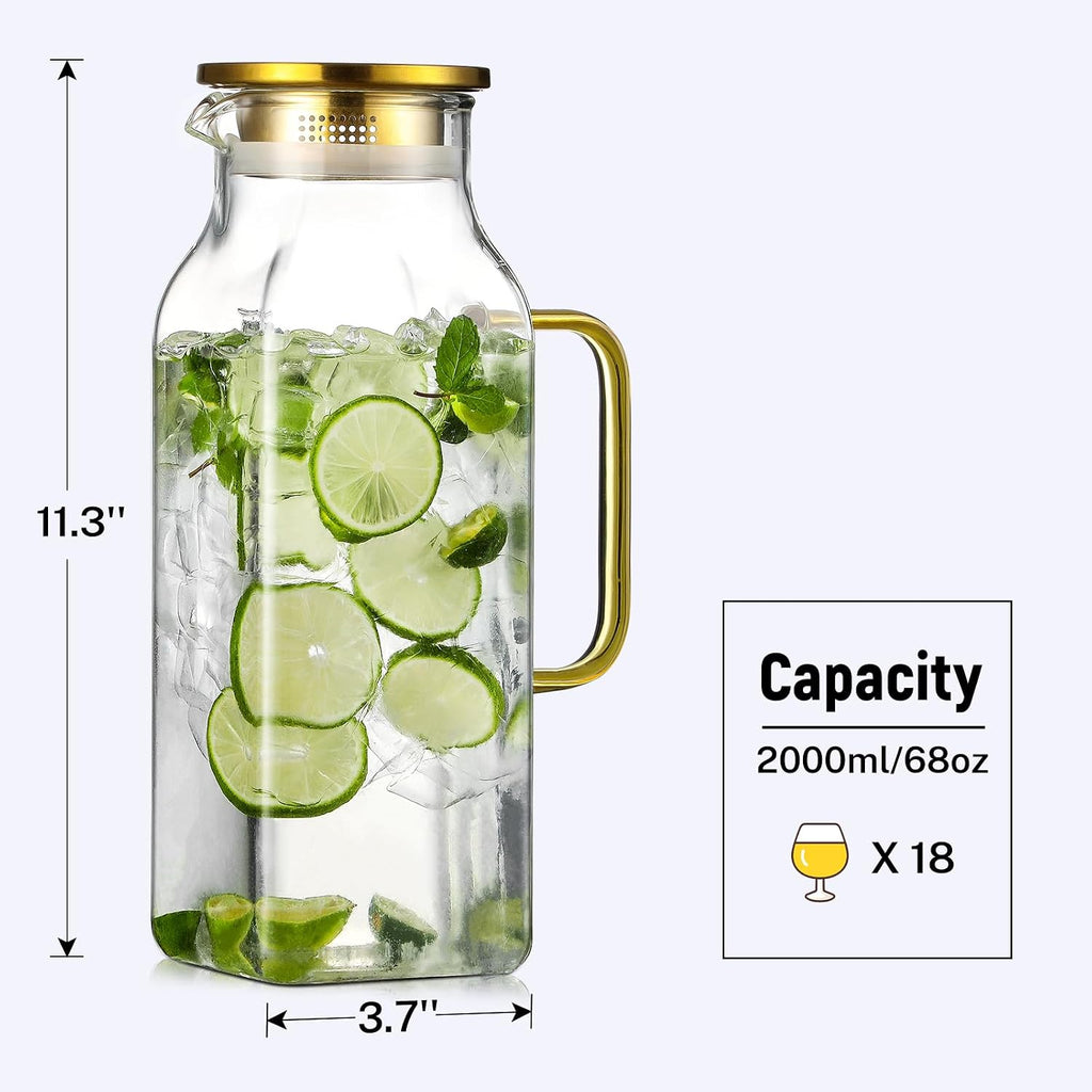 2 Quart (2 Liter 68 oz) Square Glass Pitcher with Lid and Spout, Water