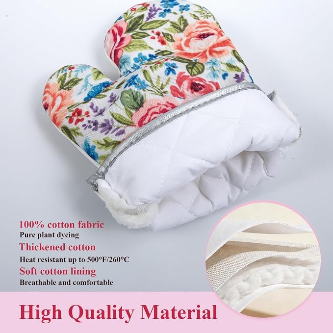 Floral Oven Mitts and Pot Holders Sets 2 Pcs, Canvas Heat Resistant Kitchen - Image 2