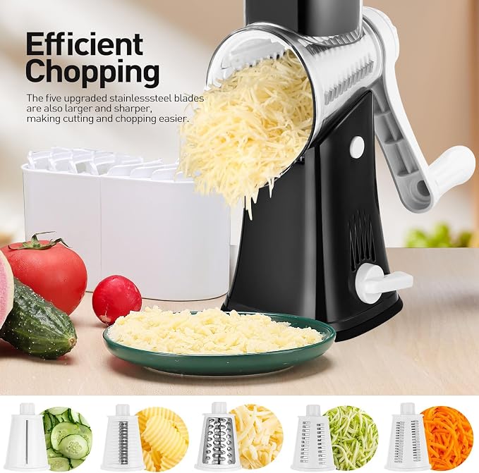 APSARAS USA Cheese Grater Hand Crank, Rotary Cheese Grater, 5 in 1 Rotary Grater - Image 3